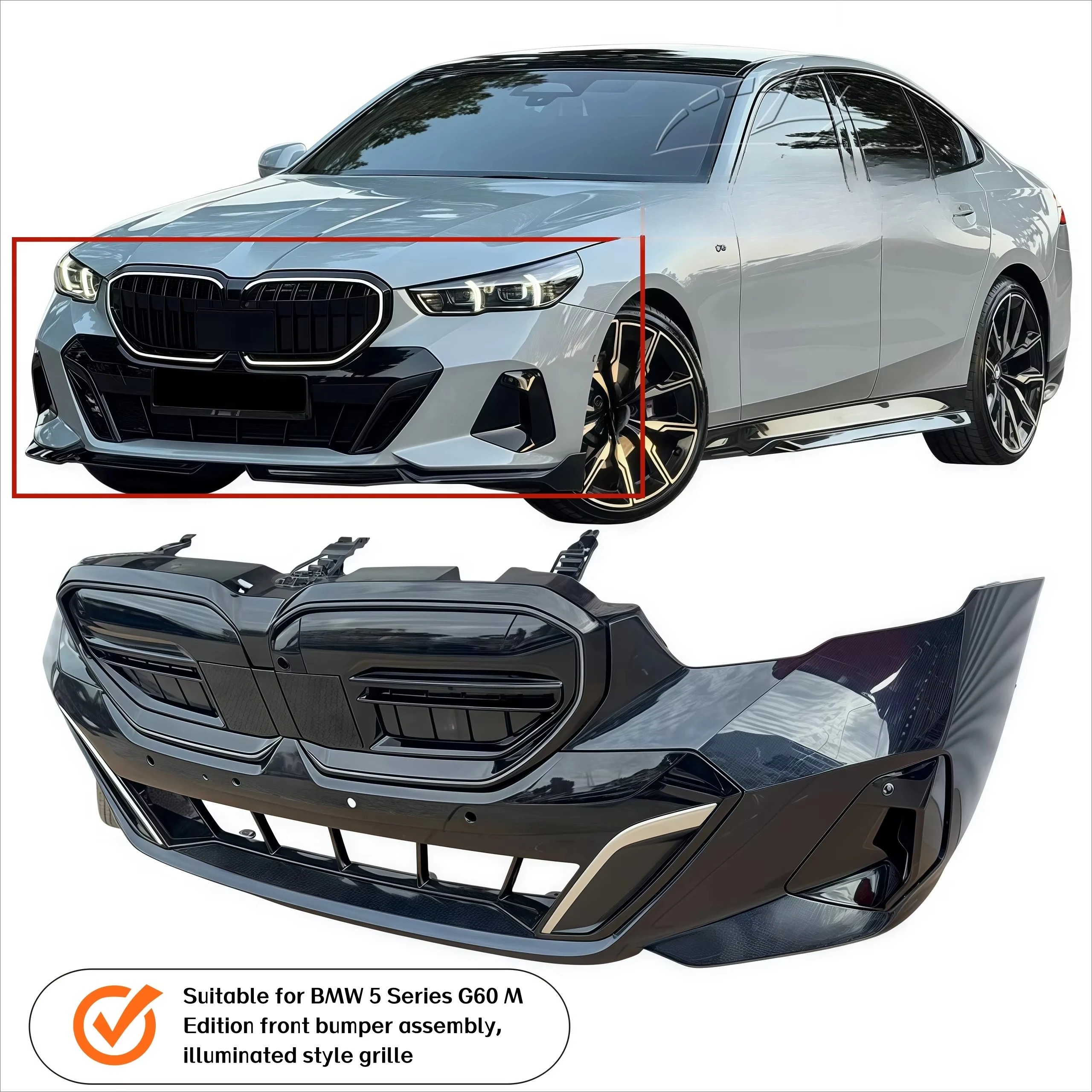 Premium OEM Fitment M-Style Front Bumper Kit 2023-2024 for  5 Series G60 M5/540i 550i High Gloss Black Grill Heat Vent Design